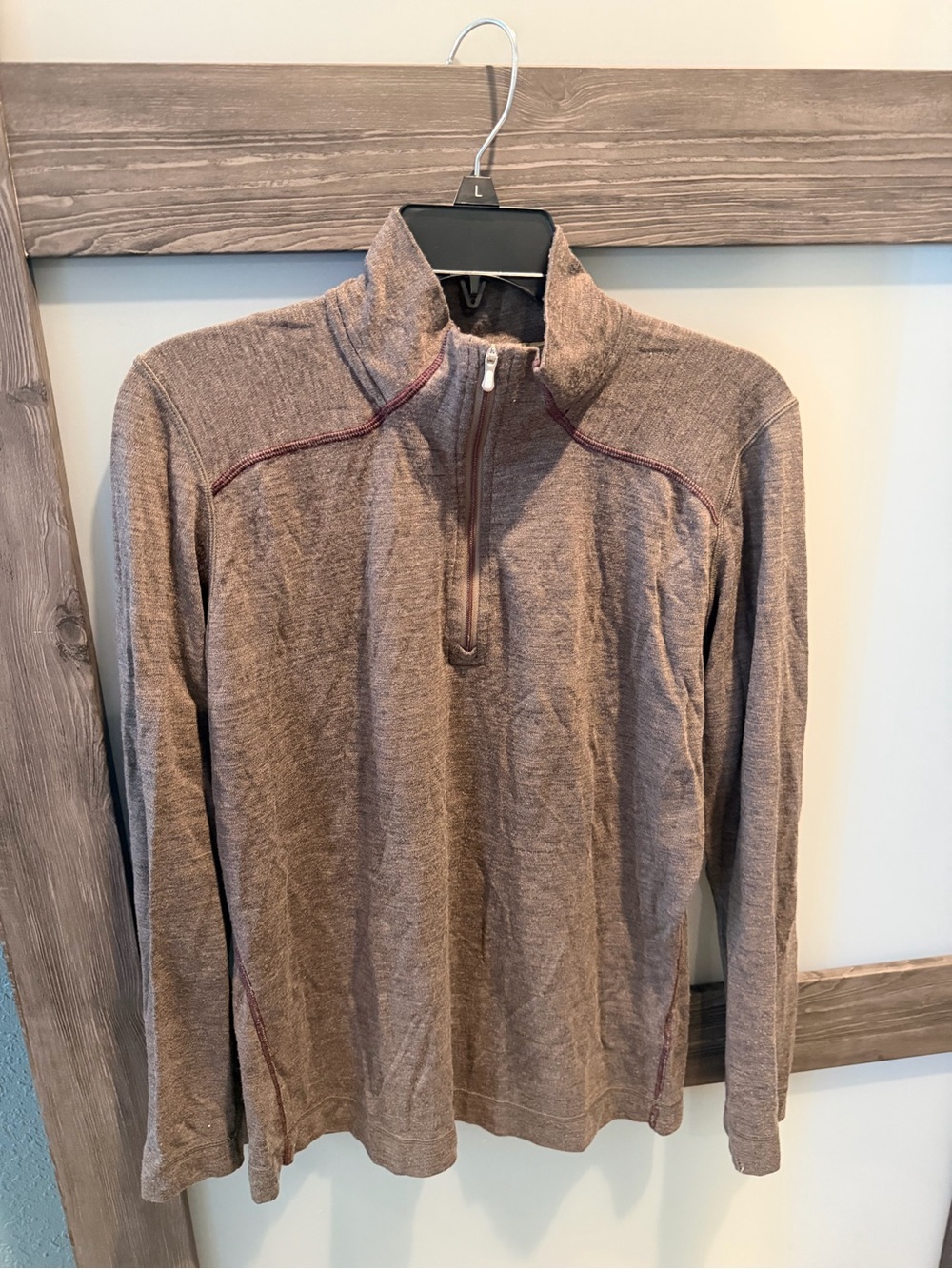 Smartwool Women's Heathered Brown Half-Zip Pullover with Maroon Stitching